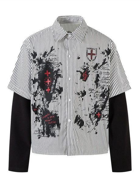 Fake Two Pieces Vertical Stripe Dark Graffiti Ink Prints Paneled Long-sleeved Shirt