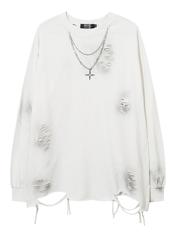 Solid Color Hole Necklaces Oversie Hip Hop Long-sleeved T-shirt