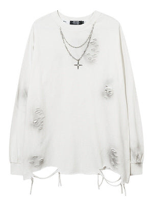 Solid Color Hole Necklaces Oversie Hip Hop Long-sleeved T-shirt