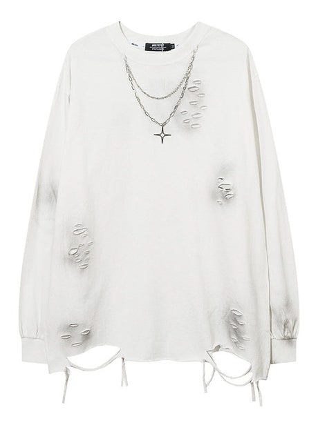 Solid Color Hole Necklaces Oversie Hip Hop Long-sleeved T-shirt