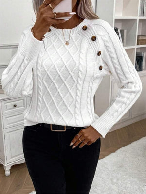 Buttons Raglan Sleeves Twisted Flower Knitted Crew Neck Sweater