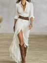 V-neck Long Sleeve Irregular Folds With Belt Maxi Dresses