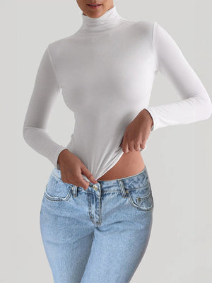 Simplicity Navel Solid Color Turtleneck Long Sleeve T-shirts