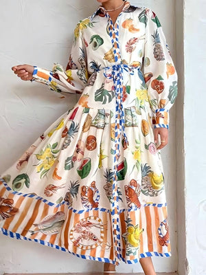Botanical Floral Prints Balloon Sleeve Lapel Waist Long Sleeve Maxi Dresses