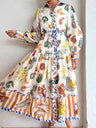 Botanical Floral Prints Balloon Sleeve Lapel Waist Long Sleeve Maxi Dresses