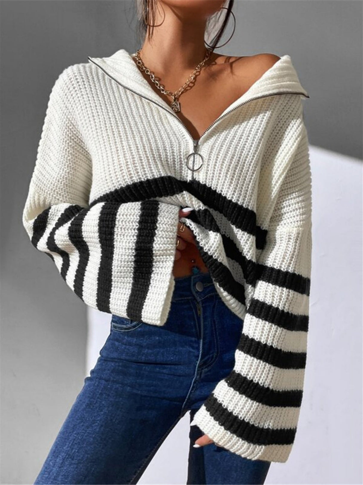 Striped Color Blocking Stand-up Collar Zipper Knitted Sweater