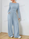 Pocket Solid Color Large Round Neck Long Sleeve Pants 2-piece Sets