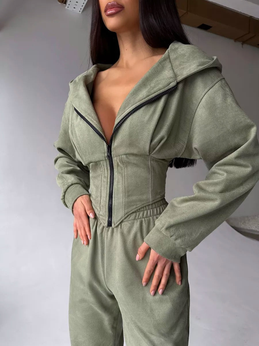 Liber Autumn women's clothing waist design Hooded Zippered solid color long-sleeved cardigan two-piece set