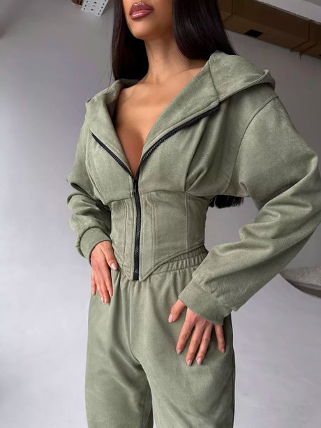 Liber Autumn women's clothing waist design Hooded Zippered solid color long-sleeved cardigan two-piece set