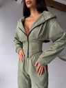 Liber Autumn women's clothing waist design Hooded Zippered solid color long-sleeved cardigan two-piece set