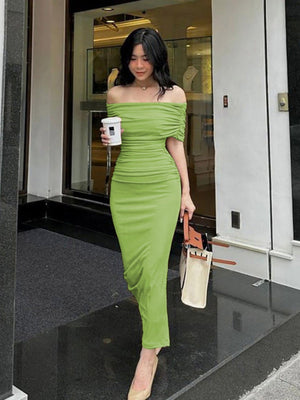 Liber Spring Women's Pleated Solid Color Maxi Dresses