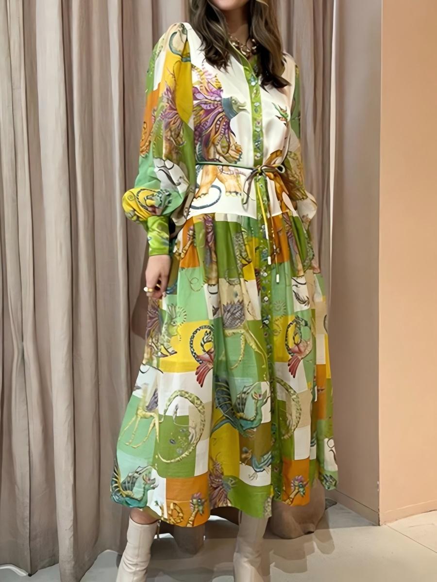 Botanical Floral Prints Balloon Sleeve Lapel Waist Long Sleeve Maxi Dresses