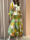 Botanical Floral Prints Balloon Sleeve Lapel Waist Long Sleeve Maxi Dresses