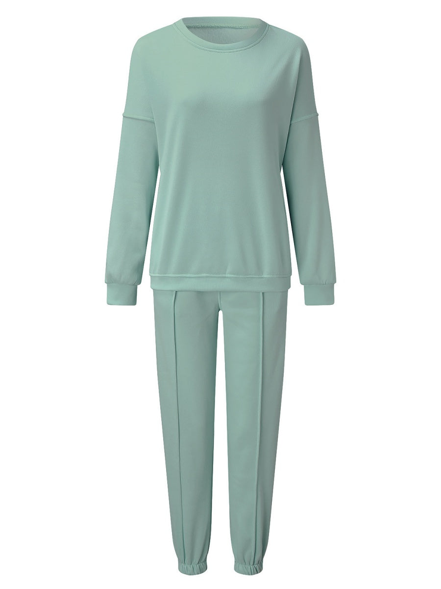 Liber Women's autumn round neck solid color pullover Long sleeve two piece sweatshirt