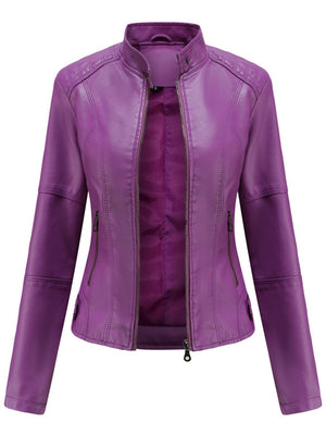 Street Cool Thin Stand Collar Zipper Leather Jacket