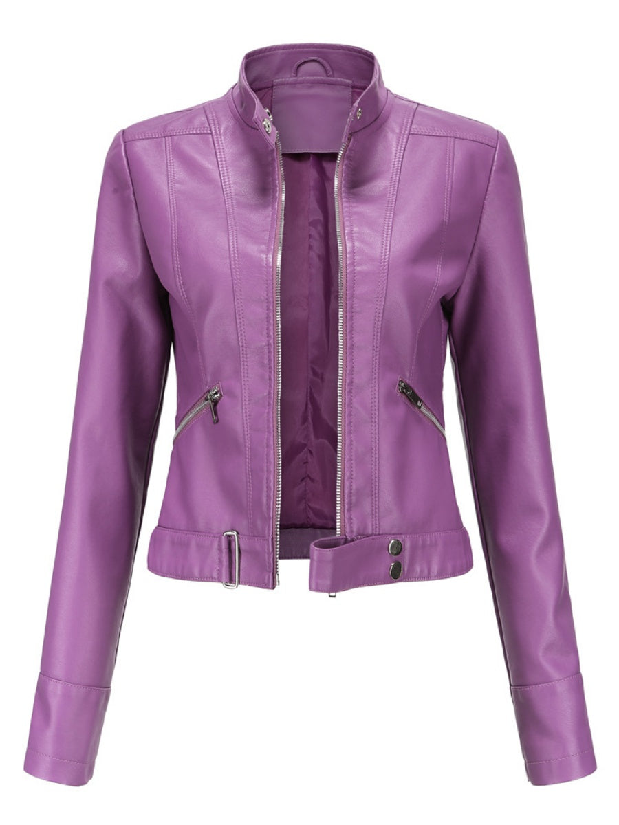 Three-dimensional Decoration Short Stand Collar Zippered Leather Jacket