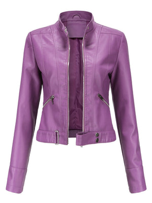 Three-dimensional Decoration Short Stand Collar Zippered Leather Jacket