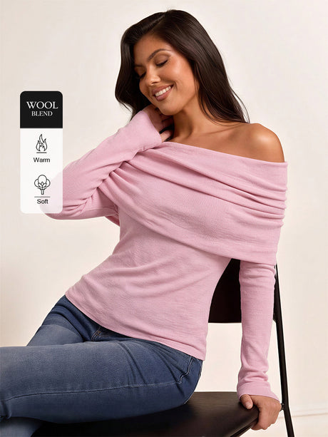 Wool Folded Off-shoulder Long-sleeved Sweater