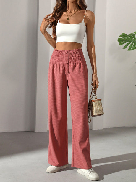 Ruffled Waistband Button High Waist Straight Leg Casual Elegant French Women's Trousers