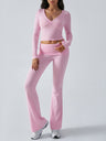 V-neck Long Sleeve Pants Pleated Navel Solid Color 2-piece Sets