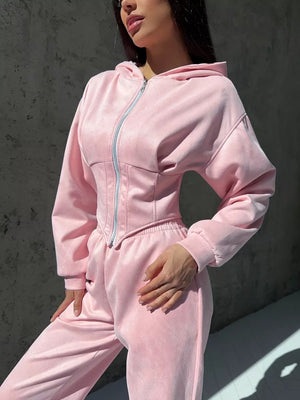 Liber Autumn women's clothing waist design Hooded Zippered solid color long-sleeved cardigan two-piece set