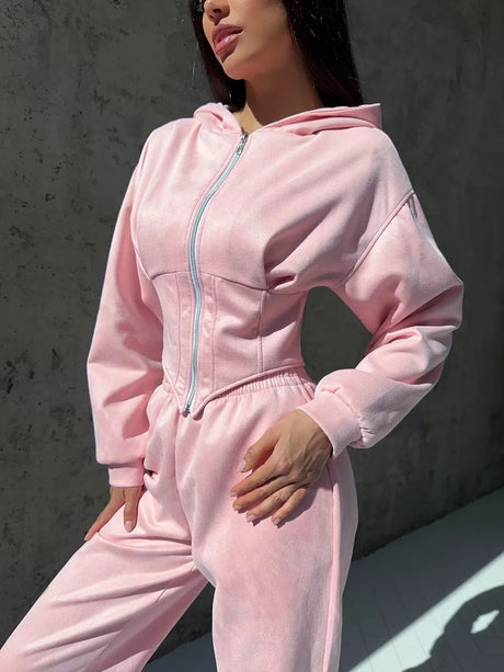 Liber Autumn women's clothing waist design Hooded Zippered solid color long-sleeved cardigan two-piece set