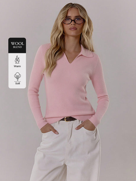 Wool Polo Long-sleeved Pullover Sweater With Vertical Stripes