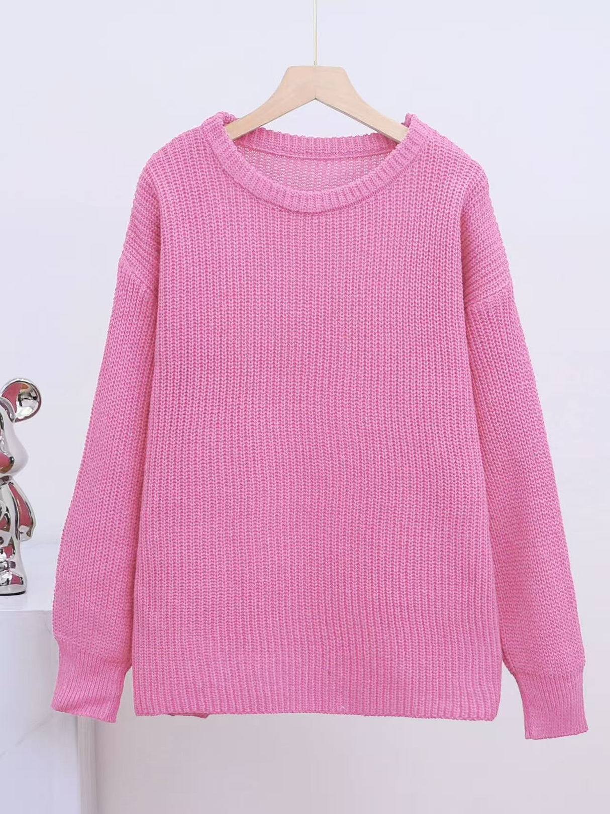 Liber Crew Neck Loose Solid Color Knitted Sweater