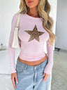 Simplicity Star Leopard Print Long Sleeve T-shirts