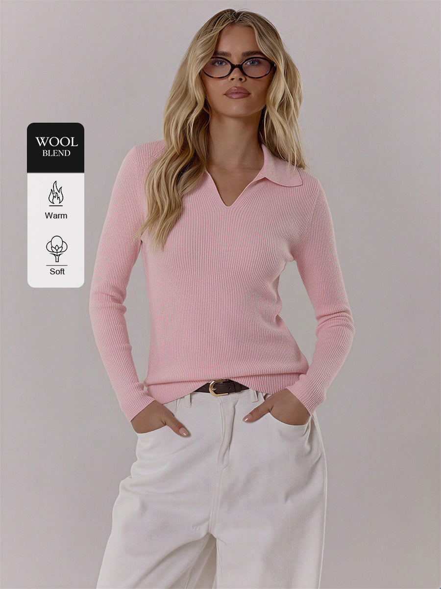 Ribbed Polo-Collar Wool-Blend Sweater