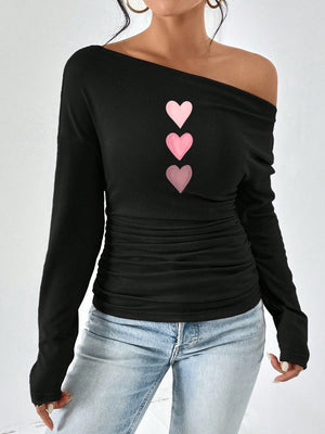 Off-shoulder Asymmetrical Neckline Heart Print Hood T-shirts