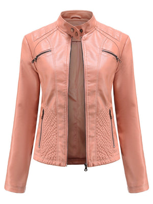 Three-dimensional Decoration Stand Collar Slim Fit Leather Jacket