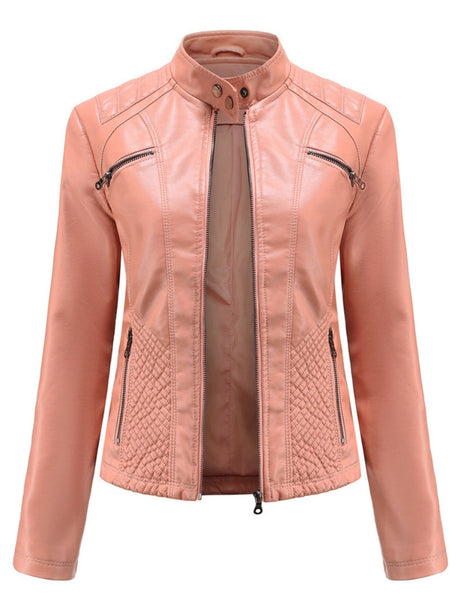 Three-dimensional Decoration Stand Collar Slim Fit Leather Jacket