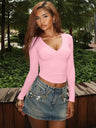 Pullover V-neck Tight Fit Long Sleeve Bare Waist Leisure Workplace T-shirts