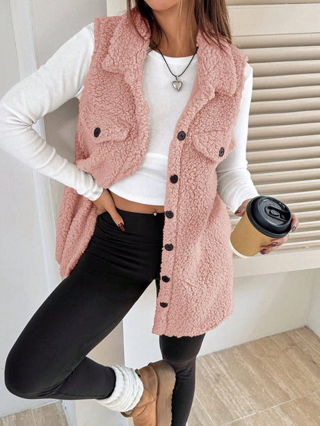 Solid Color Lapel Open Buckle Loose Temperament Commuting Imitation Lambskin Vests