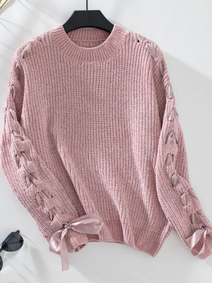 Lace Up Bow Long Sleeve Knitting Pullover Sweater
