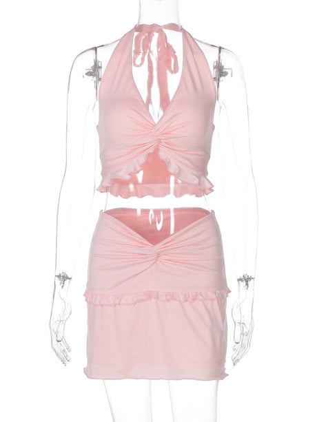 Liber Summer Women's Backless Solid Color 2-piece Sets