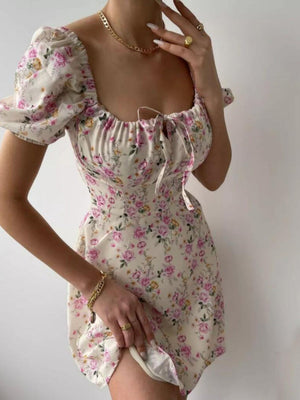 Zipper Floral Printed Short sleeve Mini&Short Dresses