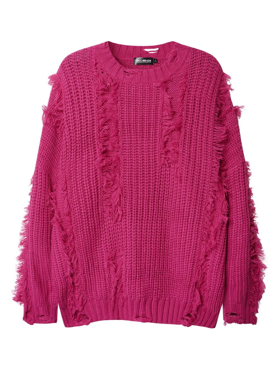 Mahua Hole Raw Edges All-match Crew Neck Sweater