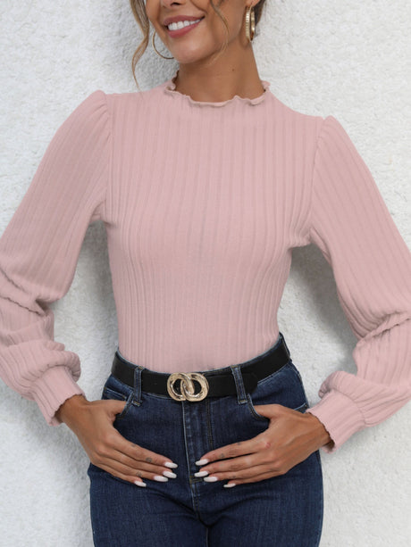 Ruffled Hem Stand Collar Lantern Sleeve Long-sleeved Knitted Brushed Ribbed Bodysuit Top