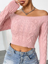 Liber Women's tops sweater round neck navel-baring one-shoulder short cable knit spring pullover