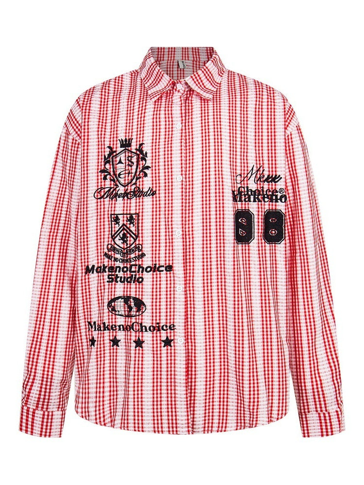 Plaid Retro Vibe Badge Embroidery Lapel Long-sleeved Shirt