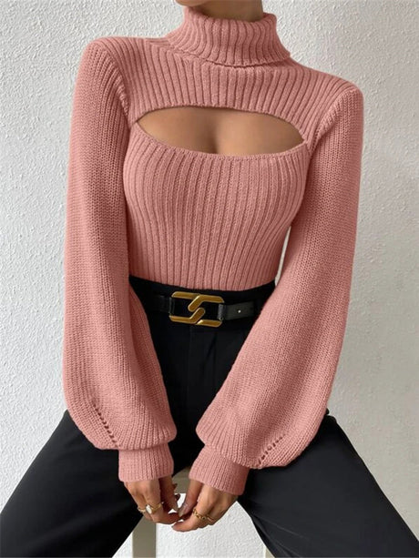 Turtleneck Hollow Out Balloon Sleeve Knitted Sweater
