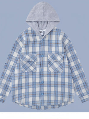 Tweed Sanding Plaid Splicing Contrasting Colors Fake Two Pieces Hooded Long-sleeved Shirt