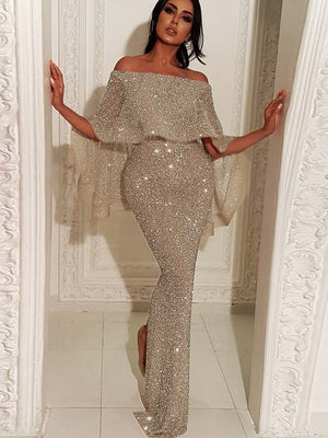 Ruffled One-shoulder Dress Sequins Maxi Dresses