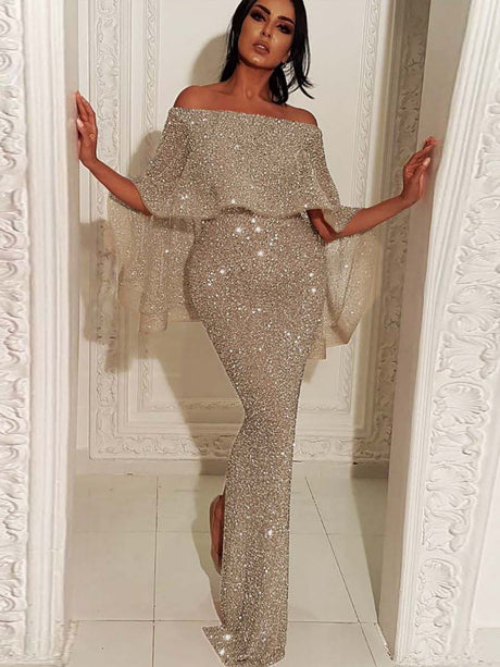 Ruffled One-shoulder Dress Sequins Maxi Dresses