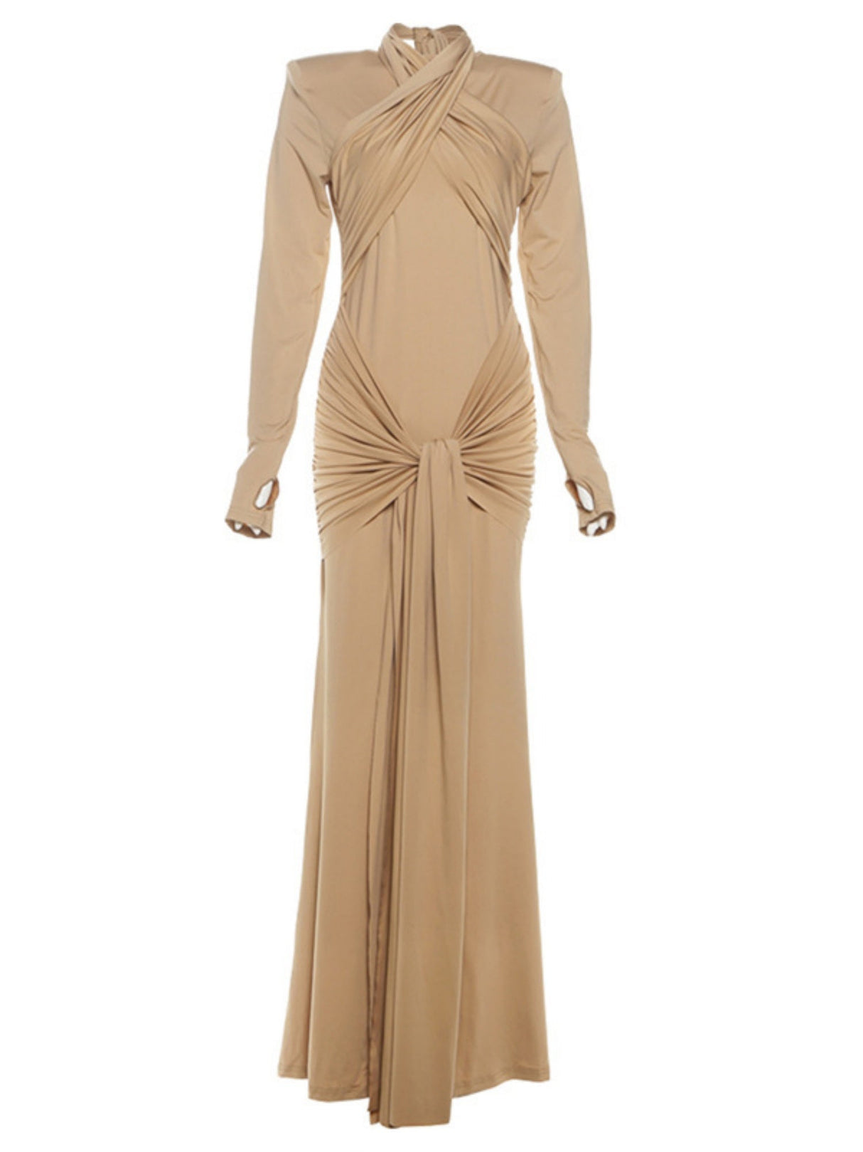 Solid Color Ribbon Long-sleeved Dress With Hip-lifting Sexy Slim-fitting Maxi Dress For Women