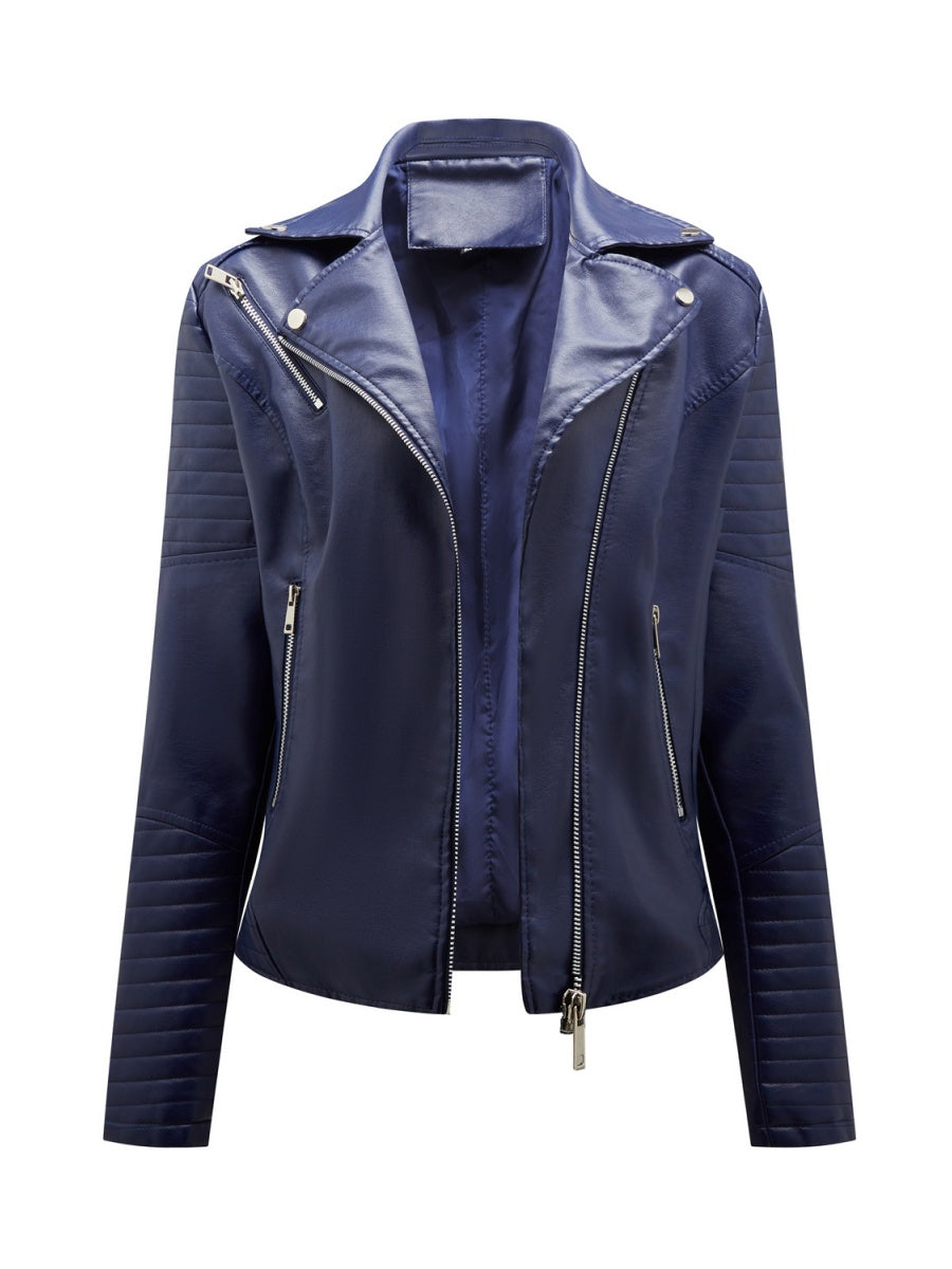 Three-dimensional Decoration Lapel Diagonal Zipper Short Leather Jacket