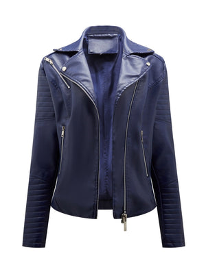 Three-dimensional Decoration Lapel Diagonal Zipper Short Leather Jacket