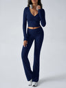 V-neck Long Sleeve Pants Pleated Navel Solid Color 2-piece Sets